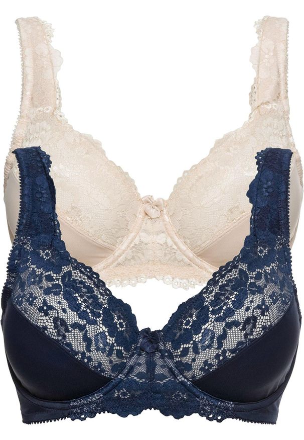 bonprix - Biustonosz minimizer z wyściełanymi ramiączkami (2 szt.). Kolor: niebieski. Materiał: koronka. Rodzaj stanika: wyściełane miseczki, różne sposoby noszenia. Wzór: koronka