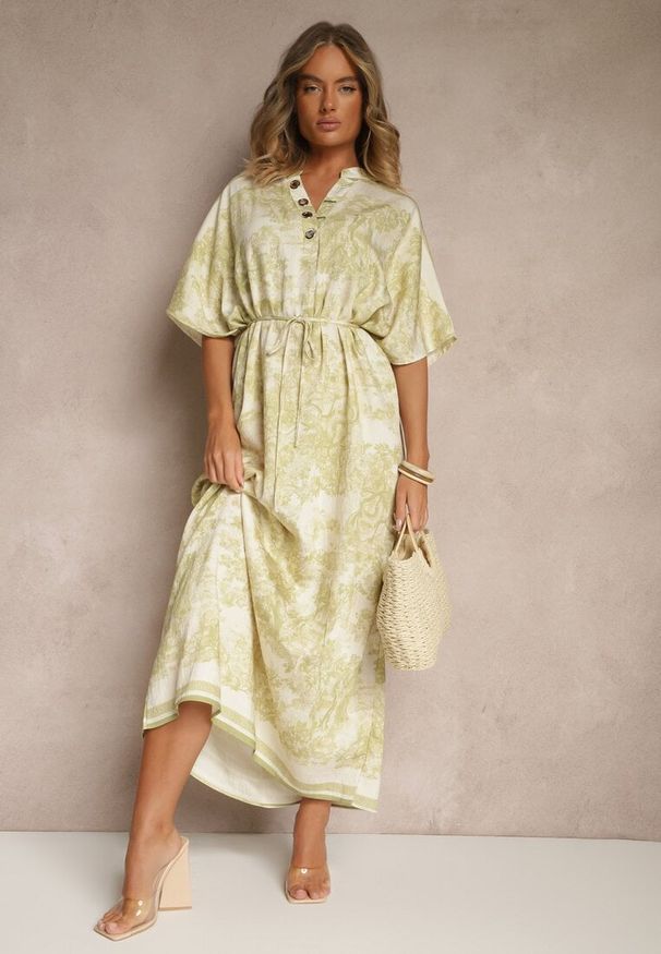 Renee - Zielona Sukienka Oversize z Wiskozą i Abstrakcyjnym Motywem Lunisana. Okazja: na co dzień. Kolor: zielony. Materiał: wiskoza. Typ sukienki: oversize. Styl: elegancki, casual