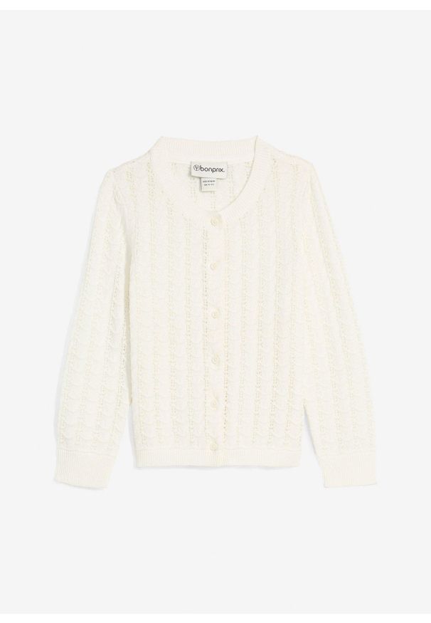 bonprix - Sweter rozpinany ażurowy. Kolor: biały. Wzór: ażurowy