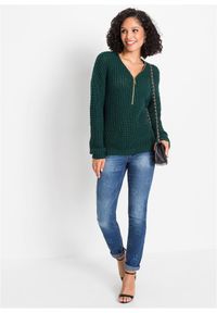 bonprix - Gruby sweter dzianinowy z zamkiem. Kolor: zielony. Materiał: dzianina. Wzór: ze splotem #2
