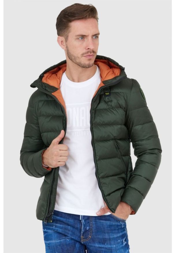 Blauer USA - BLAUER Zielona puchowa kurtka męska z kapturem, Rozmiar 3XL. Typ kołnierza: kaptur. Kolor: zielony. Materiał: puch