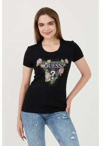 Guess - GUESS Czarny t-shirt Floral Triangle Tee. Kolor: czarny