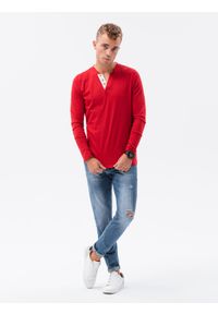 Ombre Clothing - Longsleeve męski z guzikami - czerwony V7 L133 - XXL. Kolor: czerwony. Materiał: bawełna, poliester. Długość rękawa: długi rękaw #5