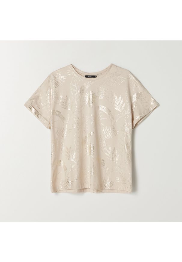 Mohito - Bawełniana koszulka z metalicznym printem - Beżowy. Kolor: beżowy. Materiał: bawełna. Wzór: nadruk