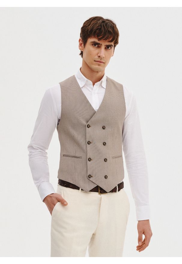 Pako Lorente - PAKO LORENTE - Dwurzędowa kamizelka męska w drobną kratę. Materiał: poliester, elastan, wiskoza. Styl: elegancki, młodzieżowy