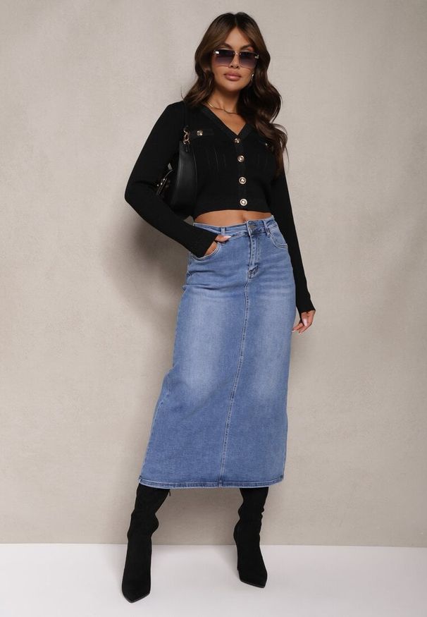 Renee - Niebieska Spódnica High Waist Ołówkowa z Przejaśnieniami na Jeansowym Materiale Carolea. Okazja: na co dzień. Stan: podwyższony. Kolor: niebieski. Materiał: jeans, materiał. Styl: klasyczny, casual