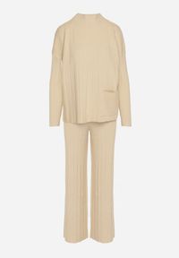 Born2be - Beżowy Sweterkowy Komplet Sweter z Półgolfem i Szerokie Spodnie Alatusa. Kolor: beżowy. Materiał: jeans #2