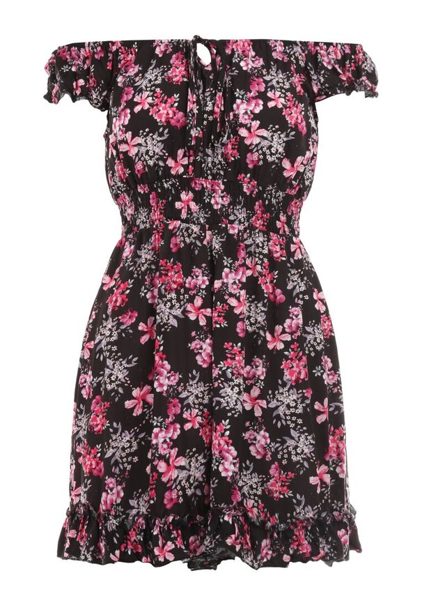 Born2be - Czarny Kombinezon z Wiskozy Fimo. Kolor: czarny. Materiał: wiskoza. Długość rękawa: krótki rękaw. Długość: krótkie. Wzór: aplikacja, kwiaty. Sezon: lato. Długość: mini