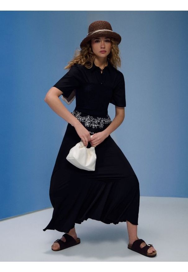 Sinsay - Spódnica maxi z asymetrycznym marszczeniem - czarny. Kolor: czarny