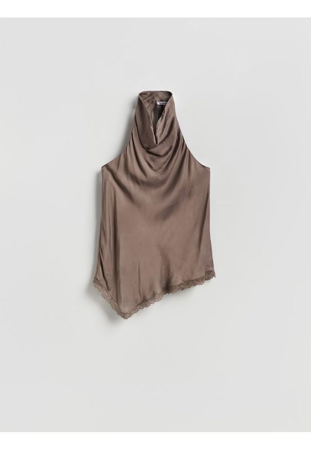 Reserved - Satynowy top z koronką - beżowy. Kolor: beżowy. Materiał: satyna, koronka. Wzór: koronka