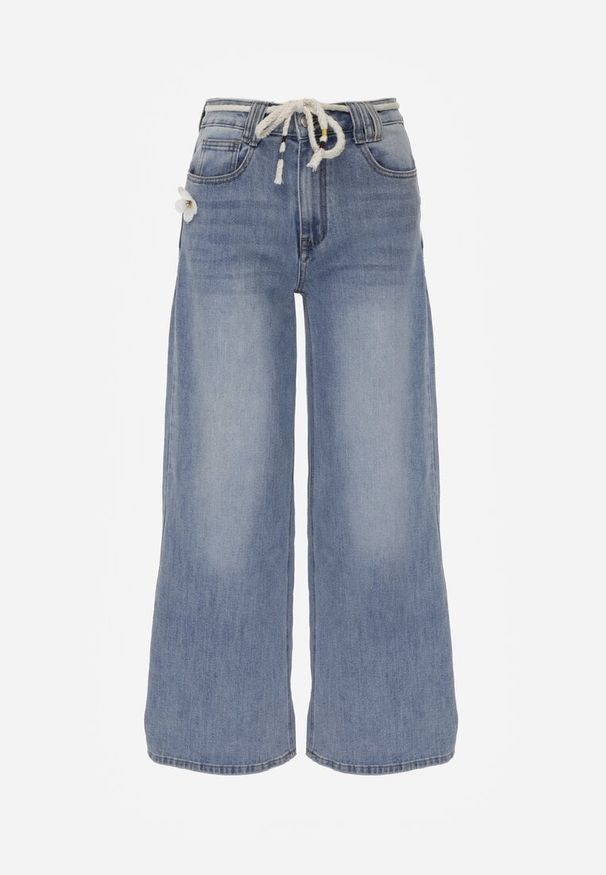 Renee - Niebieskie Szerokie Jeansy z Bawełną High Waist z Paskiem Typu Sznurek Caninna. Stan: podwyższony. Kolor: niebieski. Sezon: wiosna
