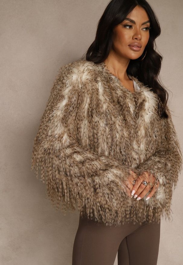 Renee - Brązowa Kurtka Futerko Ozdobione Cieniowaniem Tusirra. Kolekcja: plus size. Kolor: brązowy. Materiał: futro. Wzór: aplikacja. Styl: elegancki