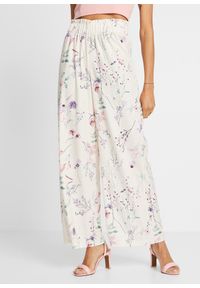 bonprix - Spodnie z dżerseju z przewiewnej krepy. Kolor: beżowy. Materiał: jersey. Wzór: kwiaty #1