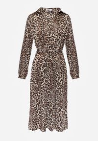 Renee - Brązowa Koszulowa Sukienka w Panterkę z Wiązanym Paskiem Ramalli. Kolor: brązowy. Materiał: tkanina, materiał. Wzór: motyw zwierzęcy. Typ sukienki: koszulowe. Długość: midi #6