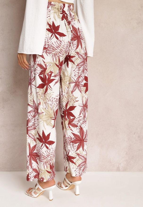 Renee - Beżowo-Czerwone Bawełniane Spodnie z Szerokimi Nogawkami i Gumką w Pasie Hazis. Stan: podwyższony. Kolor: czerwony. Materiał: bawełna. Długość: długie