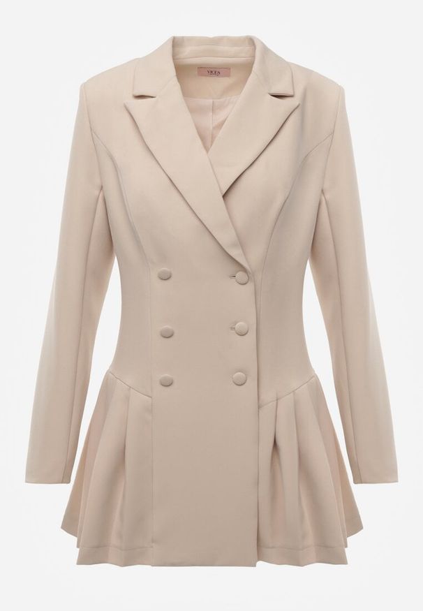 Renee - Beżowa Rozkloszowana Sukienka Marynarka VICES z Usztywnianymi Ramionami Ilarita. Okazja: do pracy, na spotkanie biznesowe. Kolor: beżowy. Styl: biznesowy