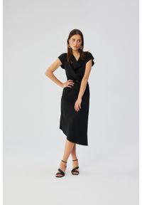 Stylove - Elegancka asymetryczna sukienka z dekoltem woda czarna. Typ kołnierza: dekolt woda. Kolor: czarny. Typ sukienki: asymetryczne. Styl: elegancki