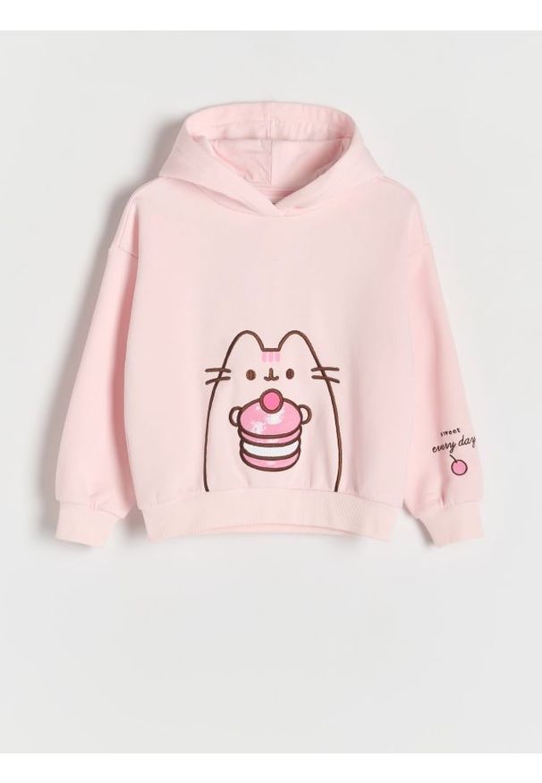 Reserved - Bluza z aplikacją Pusheen - pastelowy róż. Kolor: różowy. Materiał: bawełna, dzianina. Wzór: aplikacja