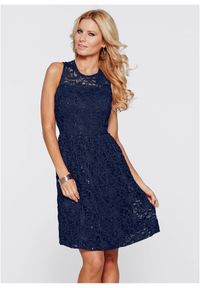 bonprix - Sukienka koronkowa z cekinami. Kolor: niebieski. Materiał: koronka. Długość rękawa: bez rękawów. Styl: elegancki