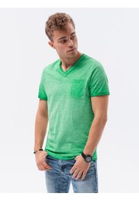 Ombre Clothing - T-shirt męski z kieszonką - zielony melanż V2 S1388 - L. Kolor: zielony. Materiał: jeans, bawełna. Wzór: melanż #4