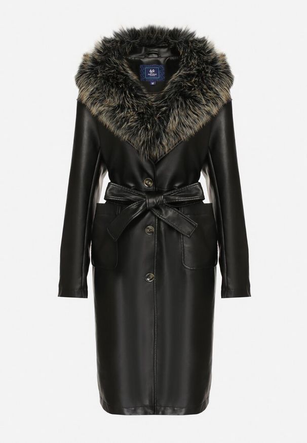 Born2be - Czarny Jednorzędowy Płaszcz z Imitacji Skóry z Wiązanym Paskiem i Odpinanym Futrem Semivora. Okazja: na co dzień. Kolor: czarny. Materiał: futro, skóra. Długość rękawa: długi rękaw. Długość: długie. Styl: casual, elegancki, rockowy