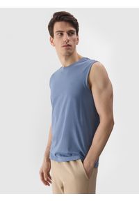 4f - Tank top regular gładki męski - denim. Kolor: niebieski. Materiał: denim. Długość rękawa: na ramiączkach. Wzór: gładki #1