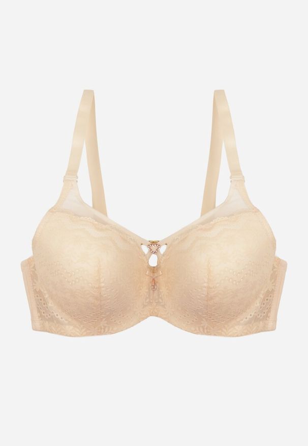 Renee - Jasnobeżowy Biustonosz z Koronki z Sercem z Cyrkonii Adrievianna. Kolor: beżowy. Materiał: koronka. Wzór: koronka