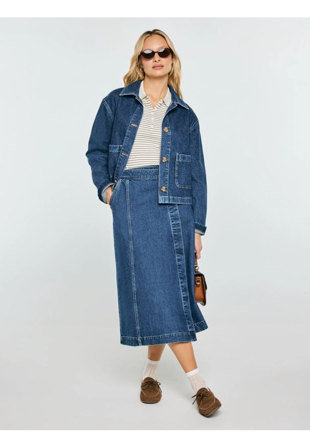 Big-Star - Spódnica damska midi jeansowa granatowa Roxana 567. Okazja: na co dzień. Kolor: niebieski. Materiał: jeans. Styl: casual, klasyczny