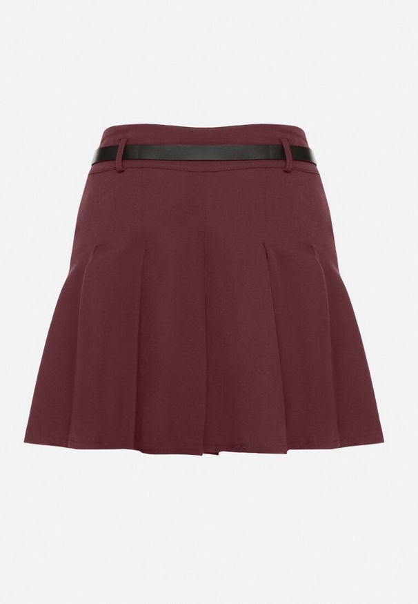 Born2be - Bordowa Plisowana Spódnica z Wiskozą Ozdobiona Paskiem Semarise. Okazja: na co dzień. Kolor: czerwony. Materiał: wiskoza. Wzór: aplikacja. Styl: elegancki, casual