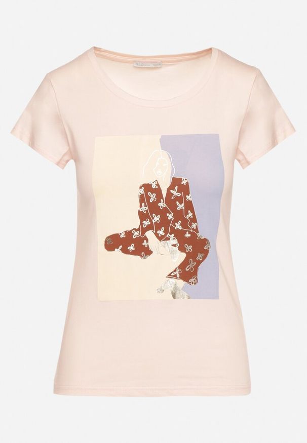 Born2be - Jasnoróżowy Bawełniany T-shirt z Ozdobnym Nadrukiem Setonisea. Okazja: na co dzień. Kolor: różowy. Materiał: bawełna. Wzór: nadruk. Styl: casual