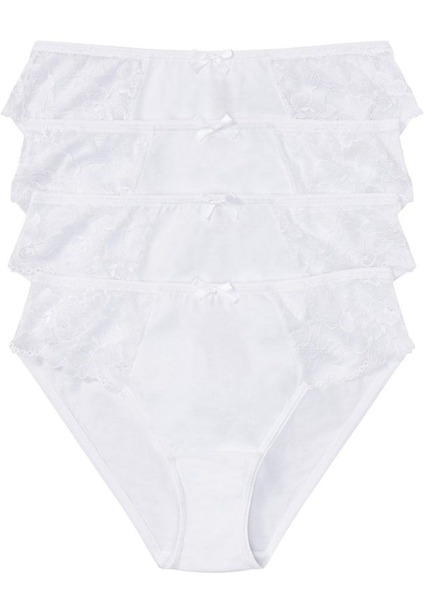 bonprix - Figi z miękką bawełną i koronką (4 pary). Kolor: biały. Materiał: bawełna, koronka. Wzór: koronka