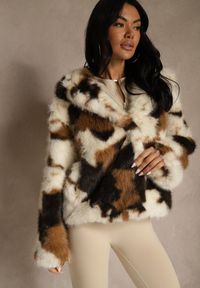 Renee - Brązowo-Beżowa Dwurzędowa Kurtka Futerko Oversize Nenalla. Okazja: na co dzień. Kolor: beżowy. Materiał: futro. Styl: casual, elegancki #5