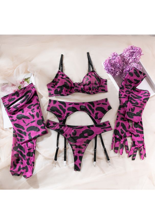 Intica - Komplet bielizny z pończochami na specjalne okazje Veronie. Kolor: wielokolorowy. Materiał: materiał, skóra