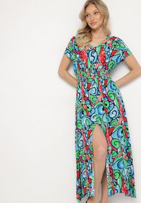 Born2be - Niebieska Bawełniana Sukienka z Abstrakcyjnym Wzorem Emilisse. Okazja: na co dzień. Kolor: niebieski. Materiał: bawełna. Styl: casual, klasyczny #4