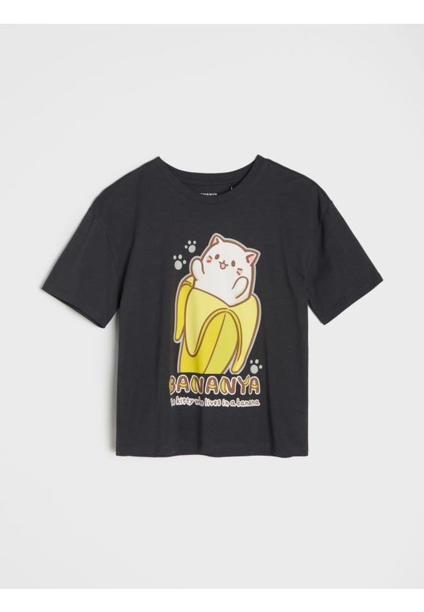Sinsay - Bawełniana koszulka z nadrukiem Bananya - szary. Kolor: szary. Materiał: bawełna. Wzór: nadruk