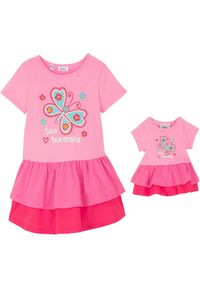 bonprix - Sukienka t-shirtowa + sukienka dla lalki (2 części), z czystej bawełny organicznej. Kolor: różowy. Materiał: bawełna. Długość rękawa: krótki rękaw. Wzór: nadruk #1