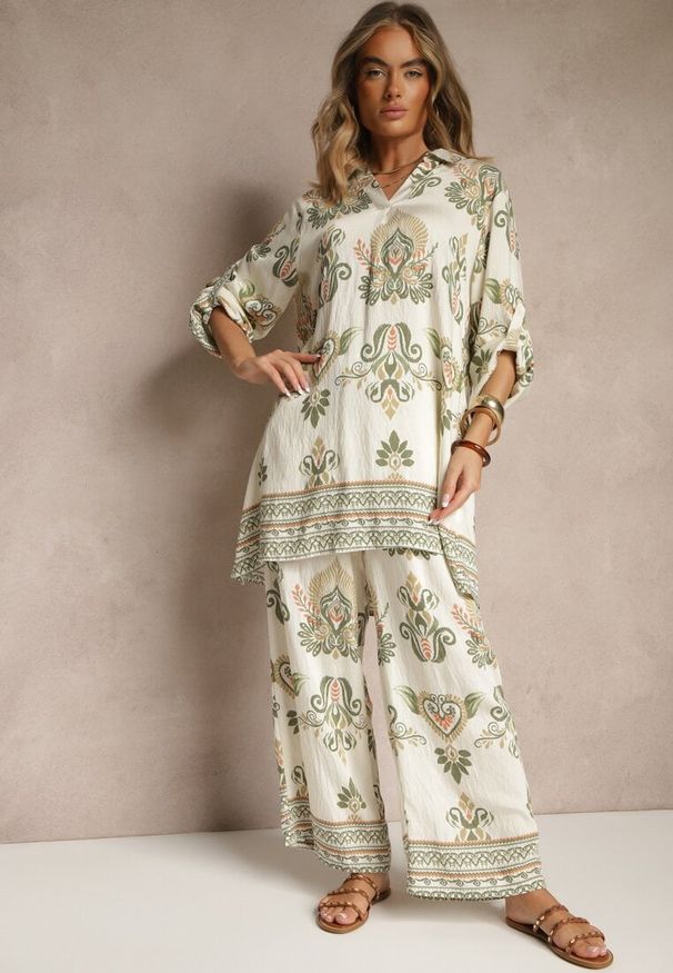 Renee - Zielony Komplet z Wiskozą Szerokie Spodnie i Bluzka w Stylu Boho Rinadora. Kolor: zielony. Materiał: wiskoza