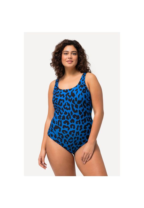 ULLA POPKEN - Damskie Strój kąpielowy wzór w panterkę bez miękkich miseczek okrągły dekolt. Kolekcja: plus size. Kolor: niebieski. Materiał: poliamid, poliester, materiał, elastan. Wzór: motyw zwierzęcy