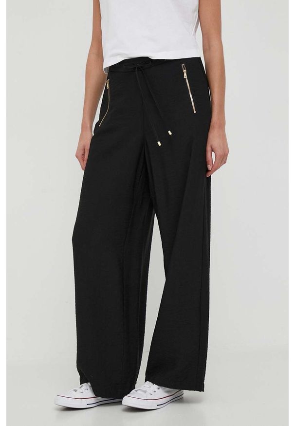 DKNY - Dkny spodnie damskie kolor czarny proste high waist. Okazja: na co dzień. Stan: podwyższony. Kolor: czarny. Materiał: tkanina. Styl: casual