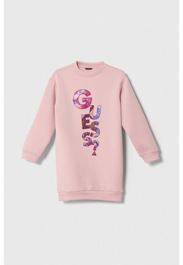 Guess sukienka dziecięca kolor różowy mini prosta. Kolor: różowy. Wzór: aplikacja. Typ sukienki: proste. Styl: klasyczny. Długość: mini