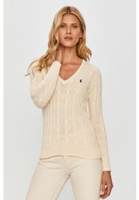 Polo Ralph Lauren - Sweter. Typ kołnierza: polo. Kolor: kremowy. Materiał: bawełna, materiał, dzianina. Długość rękawa: długi rękaw. Długość: długie. Wzór: gładki #1