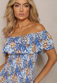Renee - Niebieska Krótka Sukienka z Hiszpańskim Dekoltem z Elastycznej Wiskozy Celestine. Kolor: niebieski. Materiał: wiskoza. Sezon: lato. Długość: mini #5
