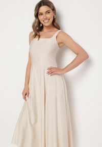 Born2be - Beżowa Wiskozowa Sukienka o Rozkloszowanym Kroju z Kwadratowym Dekoltem Avmila. Typ kołnierza: dekolt kwadratowy. Kolor: beżowy. Materiał: wiskoza. Styl: klasyczny #4