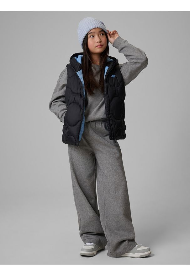 4f - 4F Bezrękawnik z wypełnieniem syntetycznym dziewczęcy - czarny 128 (7-8 lat). Okazja: na spacer, na co dzień, na uczelnię. Typ kołnierza: kołnierzyk stójkowy. Kolor: czarny. Materiał: syntetyk. Długość rękawa: bez rękawów. Sezon: lato. Styl: casual