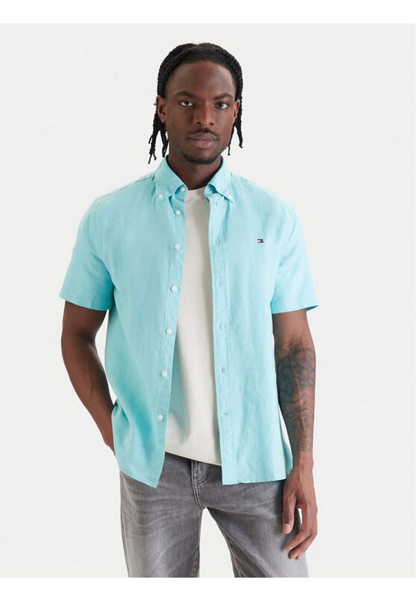 TOMMY HILFIGER - Tommy Hilfiger Koszula MW0MW42450 Turkusowy Regular Fit. Kolor: turkusowy. Materiał: bawełna
