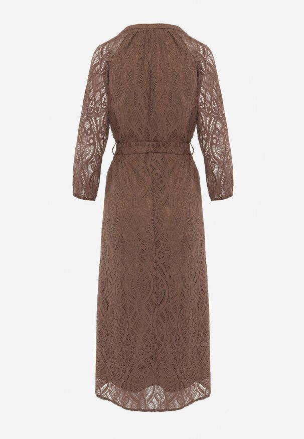 Born2be - Brązowa Koronkowa Sukienka Koszulowa o Rozkloszowanym Dole z Paskiem w Talii Nesssea. Okazja: do pracy, na co dzień. Kolor: brązowy. Materiał: koronka. Typ sukienki: koszulowe. Styl: elegancki, casual