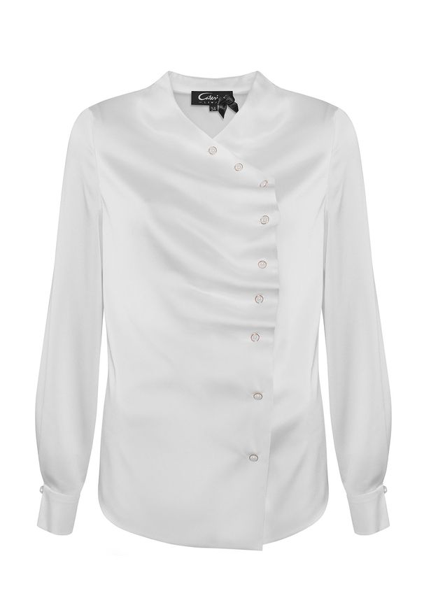 CATERINA - Biała bluzka z asymetrycznym zapięciem. Kolor: biały. Materiał: wiskoza, materiał. Długość rękawa: długi rękaw. Długość: długie. Styl: wizytowy, elegancki
