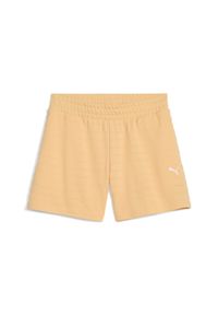 Puma - Damskie strukturalne szorty ESS ELEVATED 5" z wysokim stanem PUMA. Stan: podwyższony. Kolor: pomarańczowy, wielokolorowy, żółty. Sport: fitness