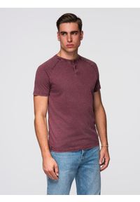 Ombre Clothing - T-shirt męski z efektem sprania i guzikami przy dekolcie – burgundowy V3 - Rozmiar: XL. Okazja: na co dzień. Kolor: czerwony. Materiał: dzianina, bawełna. Długość rękawa: raglanowy rękaw. Długość: krótkie. Sezon: lato. Styl: casual, vintage, elegancki, klasyczny