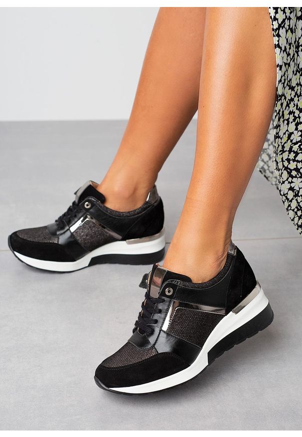 Kati - Czarne sneakersy kati buty sportowe sznurowane polska skóra 7049. Kolor: czarny. Materiał: skóra